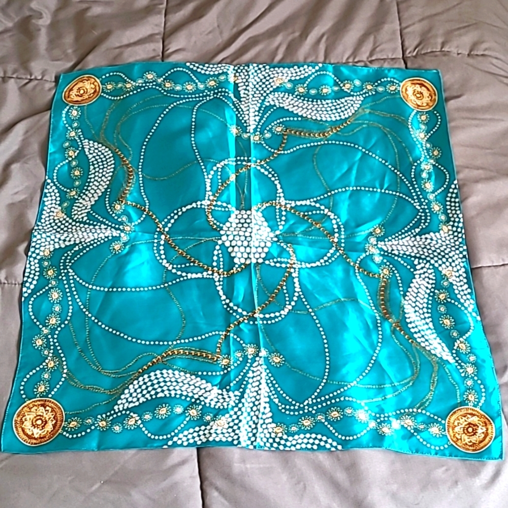 Collection XIIX Ltd 100% Silk Scarf 21" square Teal Blue Boho pearl print